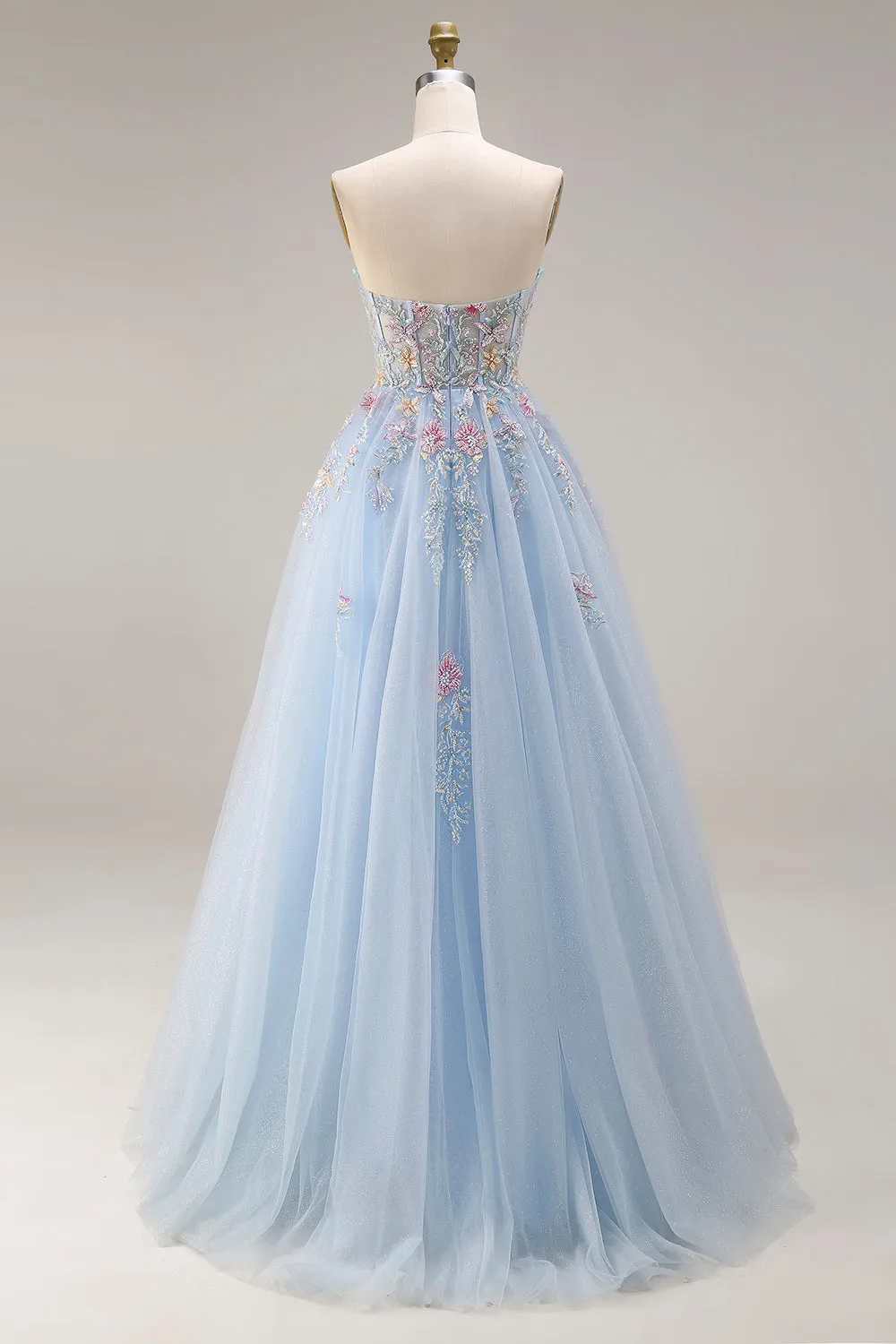 Sweetheart A-Line Sky Blue Corset Sequin Long Prom Dress with Beading sold by Zapaka product image thumbnail 2
