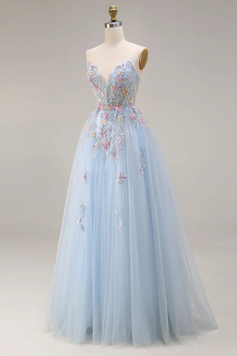 Sweetheart A-Line Sky Blue Corset Sequin Long Prom Dress with Beading sold by Zapaka product image thumbnail 3