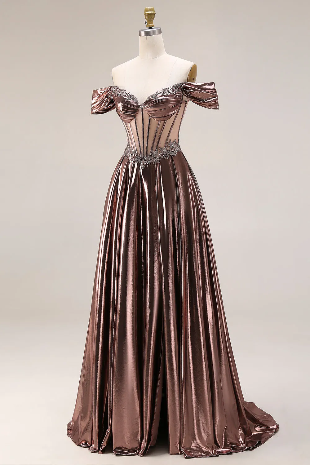 Off The Shoulder Metallic Coffee Sheer Boned Corset A-Line Long Prom Dress with Beading sold by Zapaka product image thumbnail 3