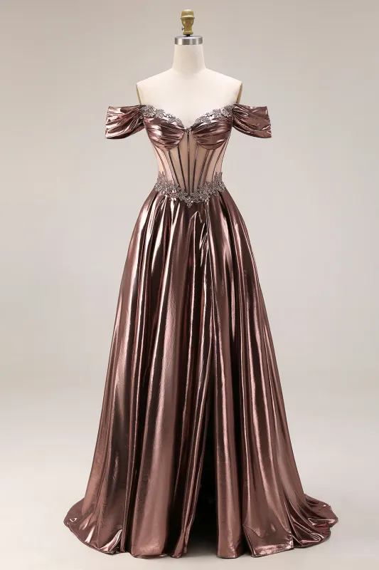 Off The Shoulder Metallic Coffee Sheer Boned Corset A-Line Long Prom Dress with Beading sold by Zapaka