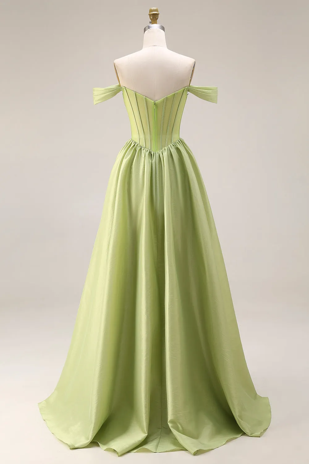 Green A-Line Off The Shoulder Beaded Sheer Corset Long Prom Dress with Slit sold by Zapaka product image thumbnail 2