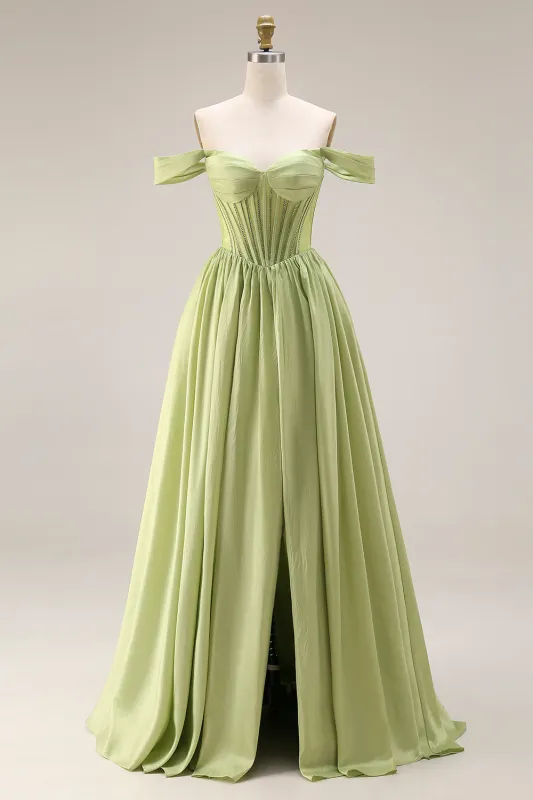 Green A-Line Off The Shoulder Beaded Sheer Corset Long Prom Dress with Slit sold by Zapaka