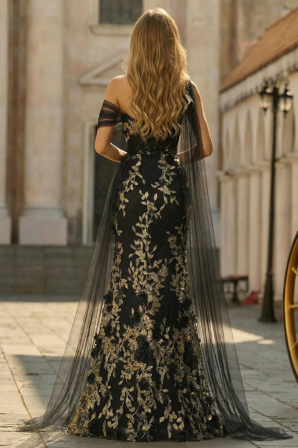 Black Mermaid One Shoulder 3D Flower Sequins Long Prom Dress with Streamer sold by Zapaka product image thumbnail 3