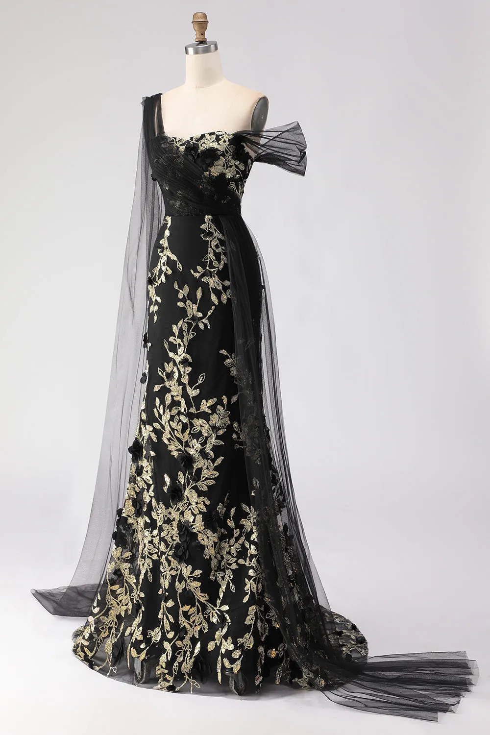 Black Mermaid One Shoulder 3D Flower Sequins Long Prom Dress with Streamer sold by Zapaka product image thumbnail 5