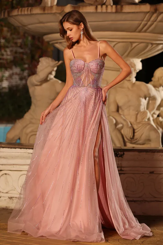 Pink A Line Beaded Spaghetti Straps Long Prom Dress with Slit sold by Zapaka