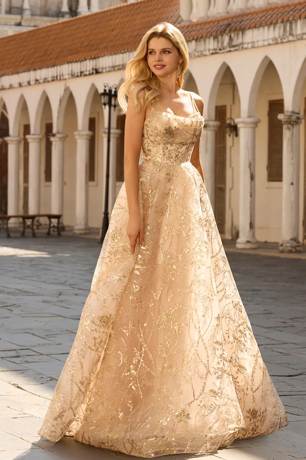 Sparkly Champagne A-Line Corset Long Tulle Prom Dress with Sequins sold by Zapaka product image thumbnail 3