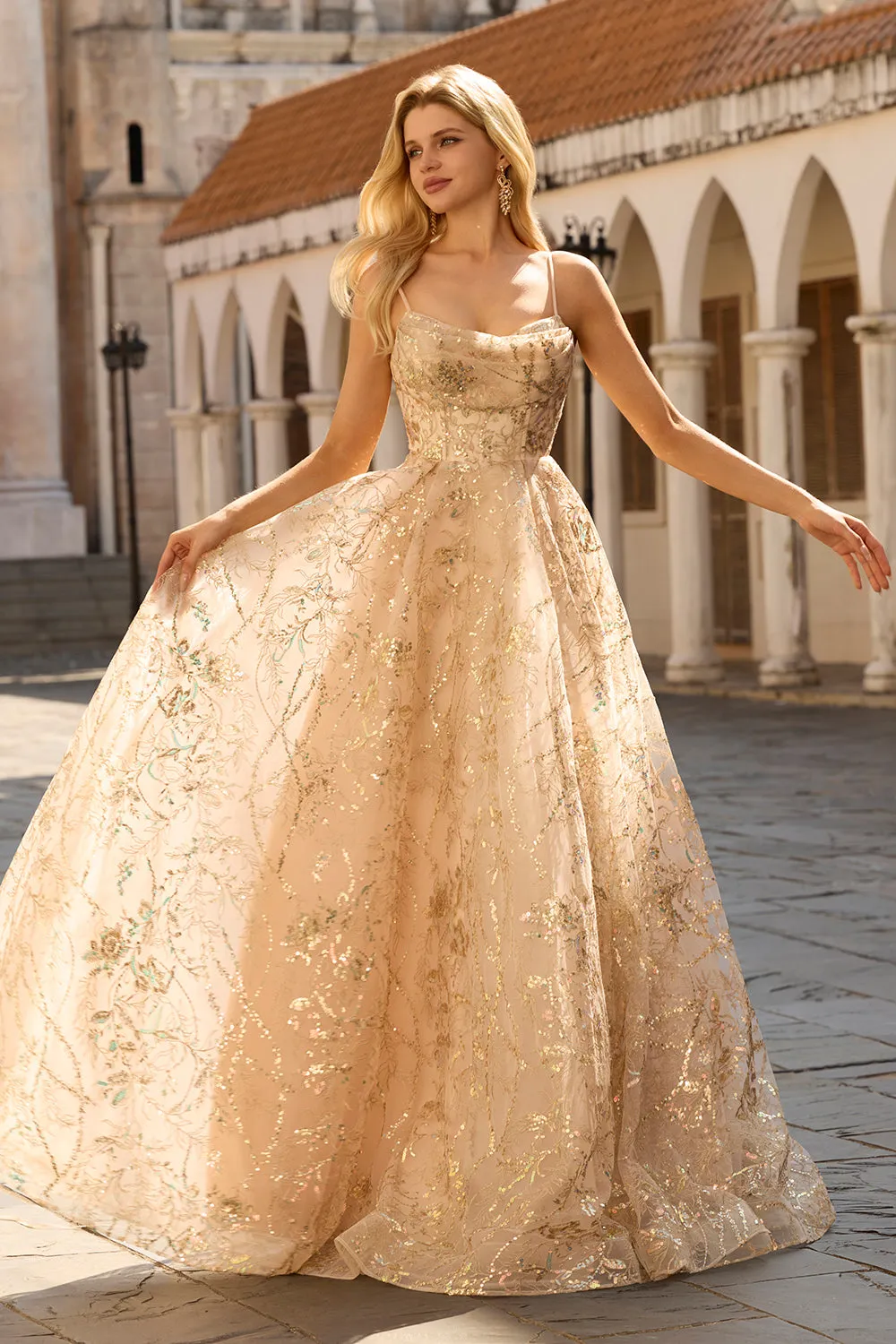 Sparkly Champagne A-Line Corset Long Tulle Prom Dress with Sequins sold by Zapaka product image thumbnail 4