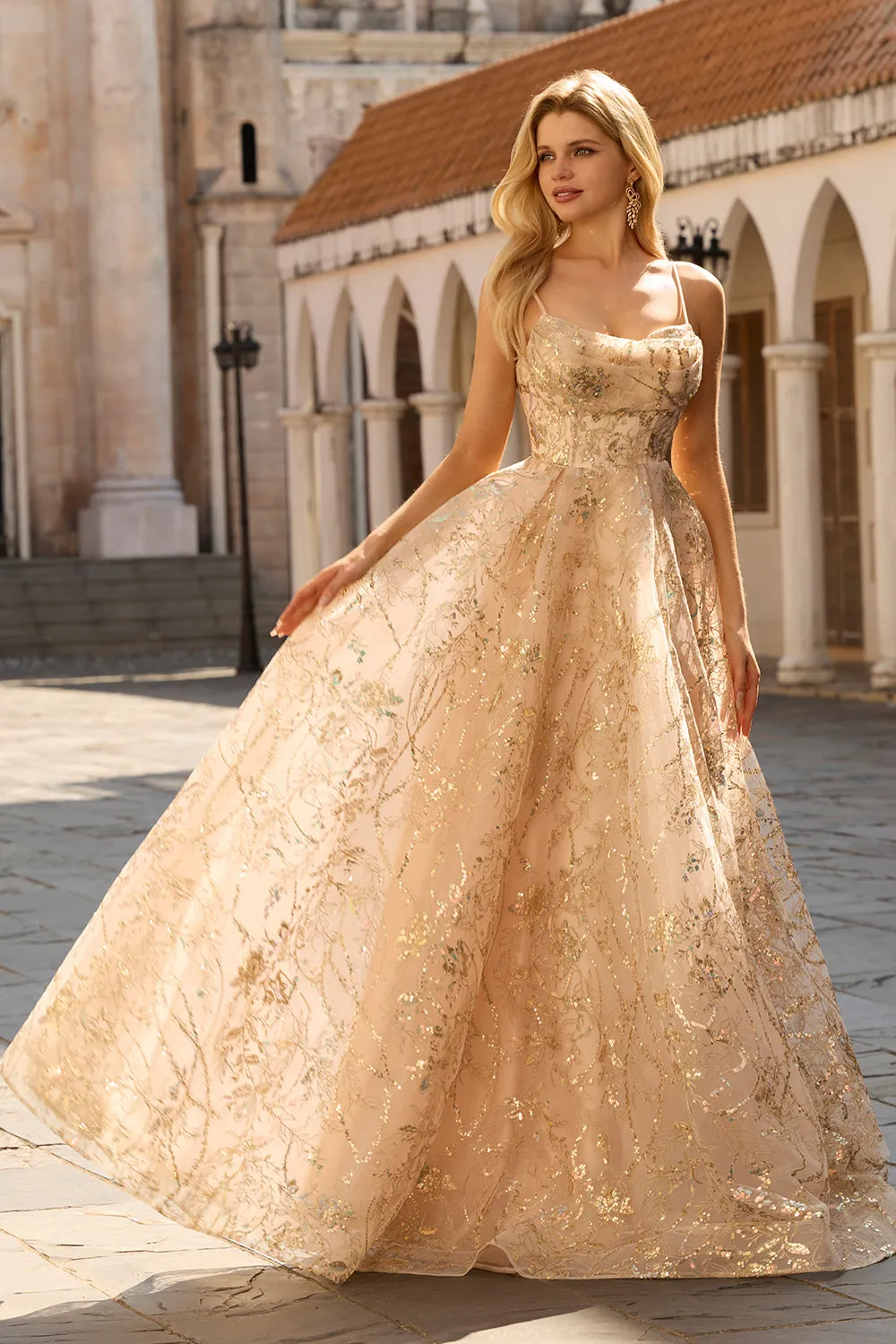 Sparkly Champagne A-Line Corset Long Tulle Prom Dress with Sequins sold by Zapaka product image thumbnail 5