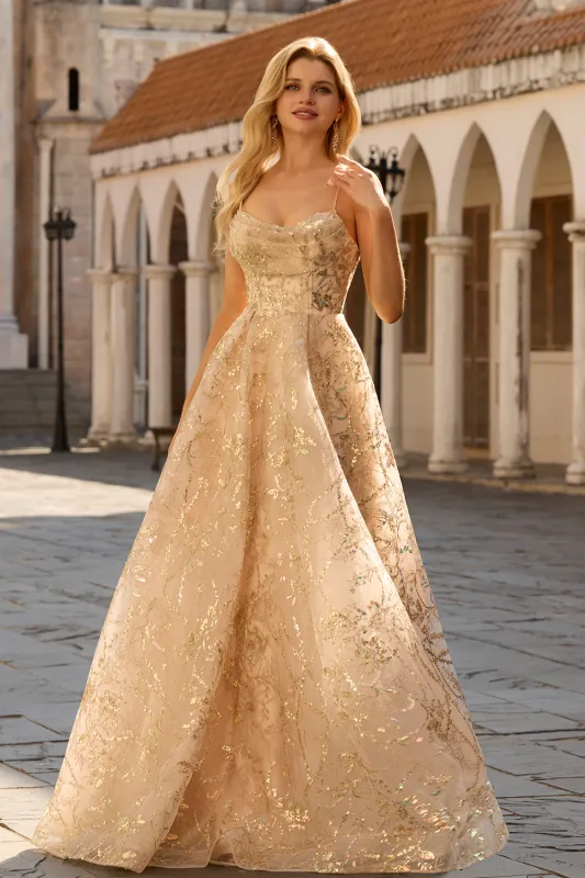 Sparkly Champagne A-Line Corset Long Tulle Prom Dress with Sequins made by Zapaka