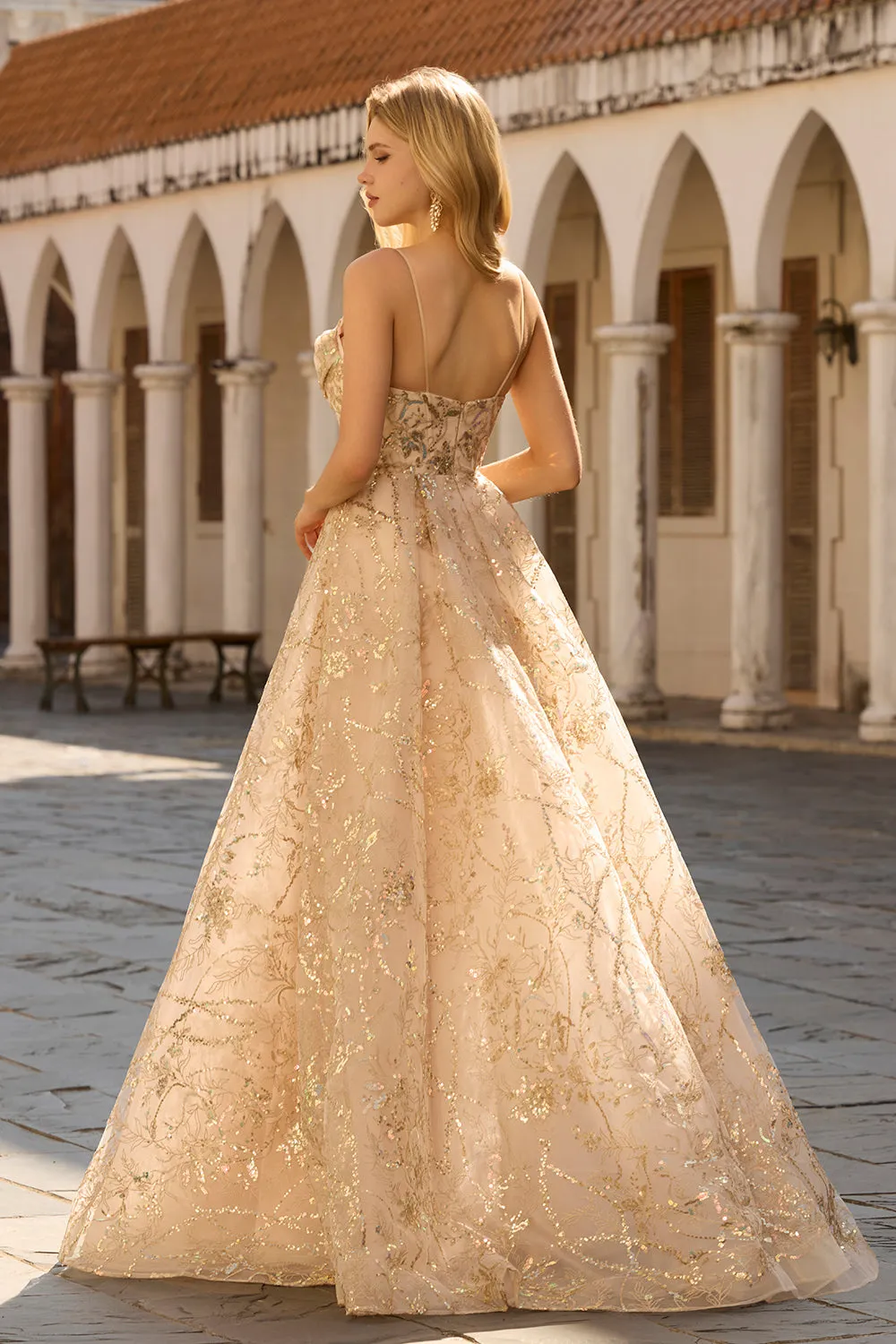 Sparkly Champagne A-Line Corset Long Tulle Prom Dress with Sequins sold by Zapaka product image thumbnail 2