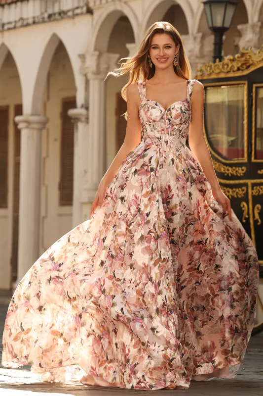 Pink Floral Printed A-Line Corset Long Prom Dress sold by Zapaka