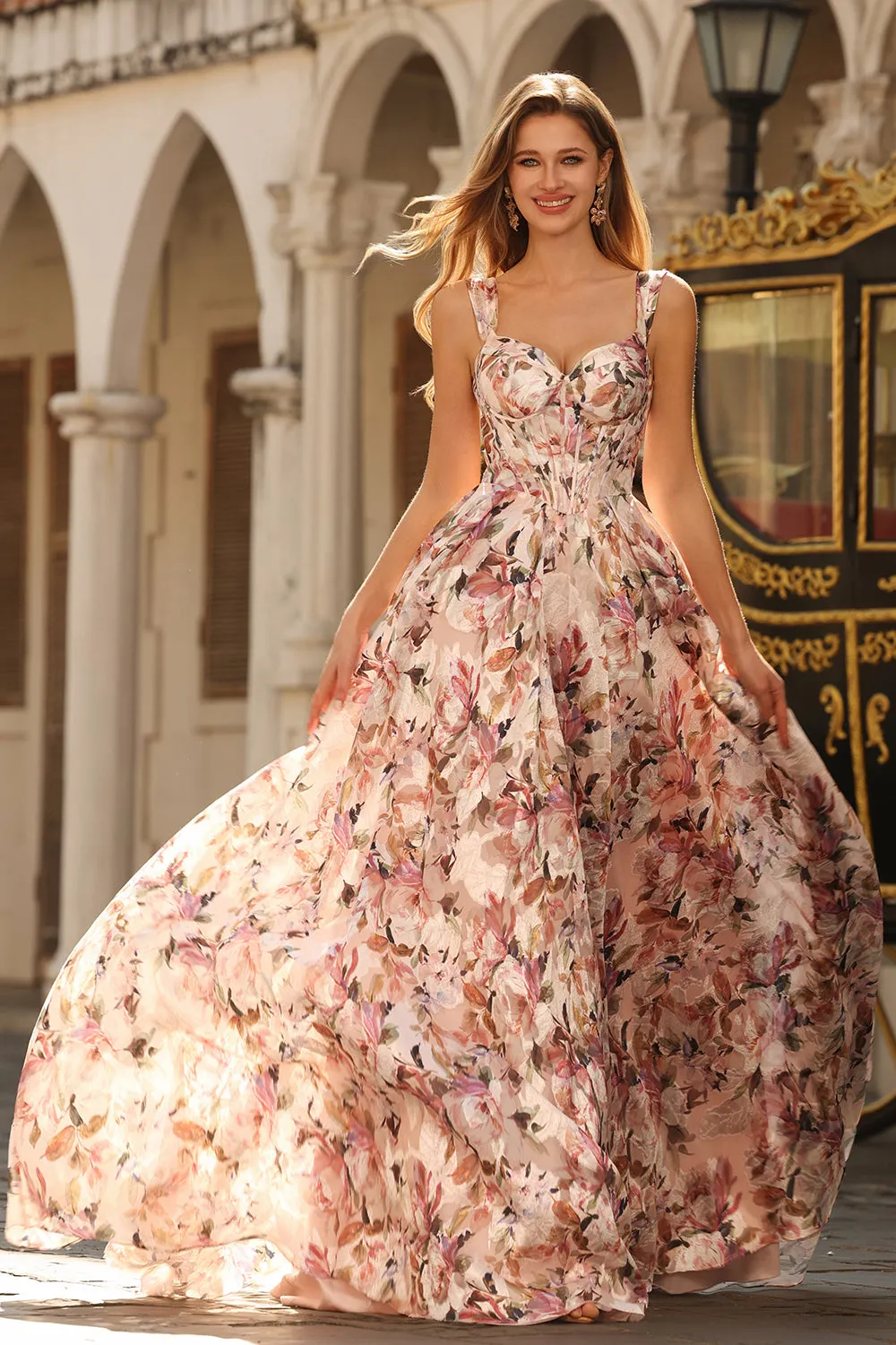 Pink Floral Printed A-Line Corset Long Prom Dress sold by Zapaka