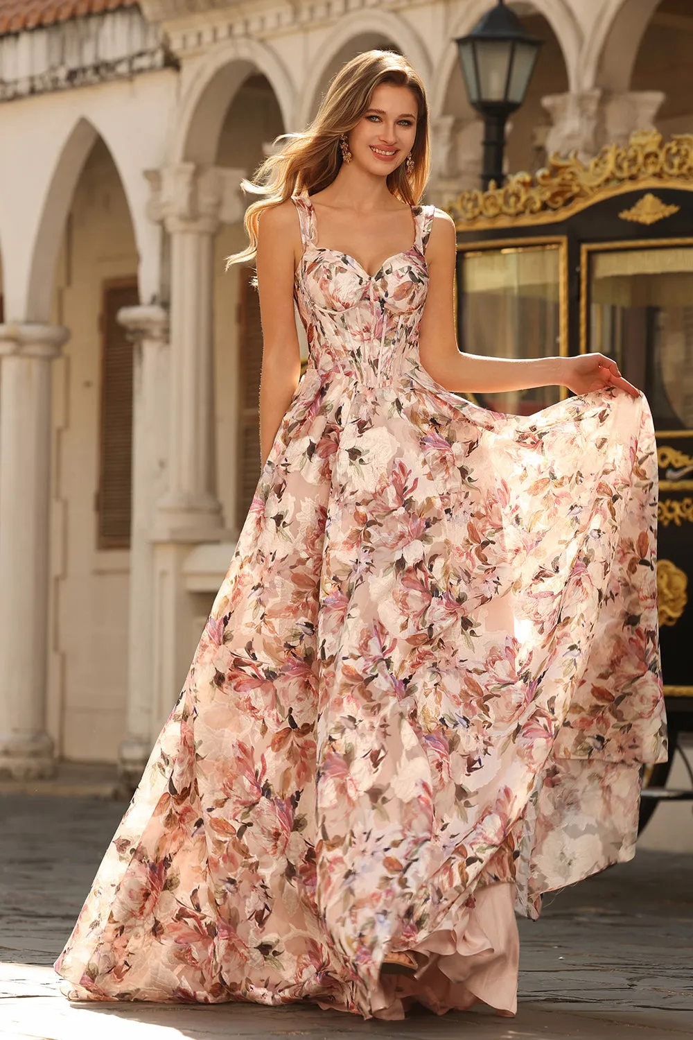 Pink Floral Printed A-Line Corset Long Prom Dress sold by Zapaka product image thumbnail 4