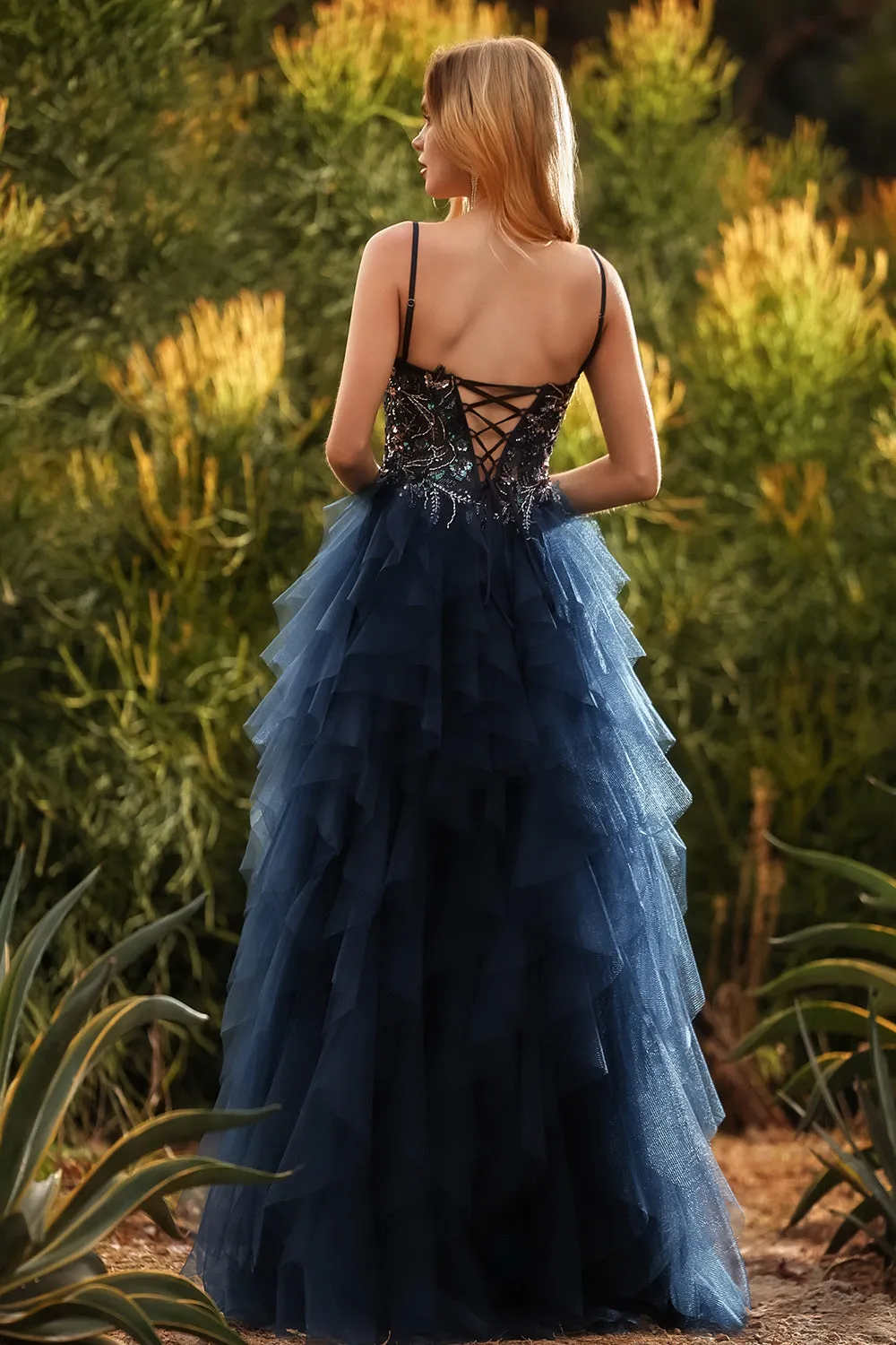 Navy Spaghetti Straps A Line Tiered Long Tulle Prom Dress with Slit sold by Zapaka product image thumbnail 2