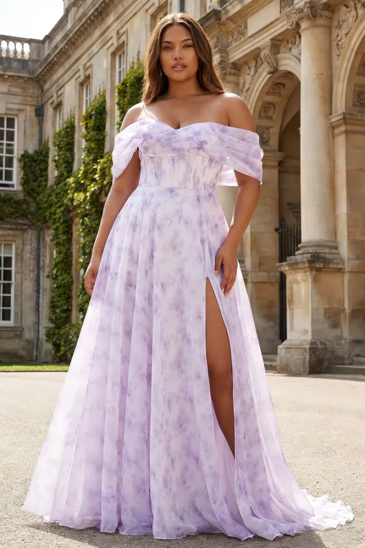 Off the Shoulder Lilac Floral A Line Corset Long Plus Size Prom Dress with Slit sold by Zapaka