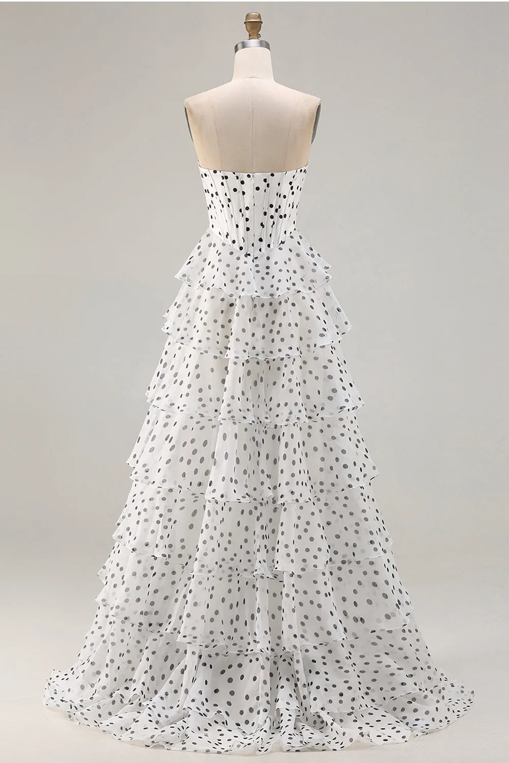 White A Line Strapless Polka Dots Tiered Ruffle Corset Long Prom Dress with Slit sold by Zapaka product image thumbnail 2