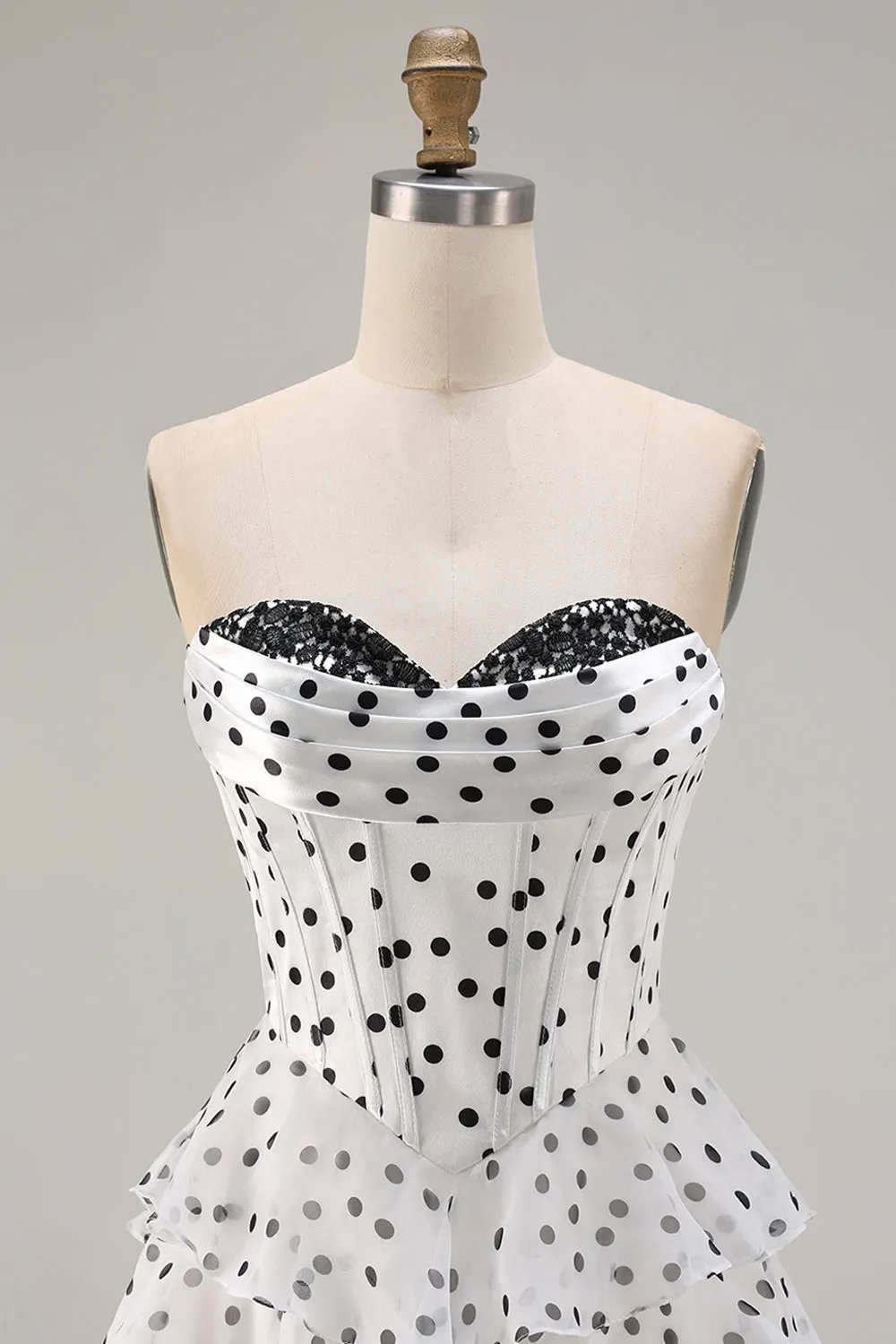 White A Line Strapless Polka Dots Tiered Ruffle Corset Long Prom Dress with Slit sold by Zapaka product image thumbnail 4