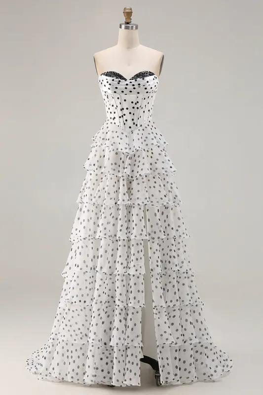 White A Line Strapless Polka Dots Tiered Ruffle Corset Long Prom Dress with Slit made by Zapaka