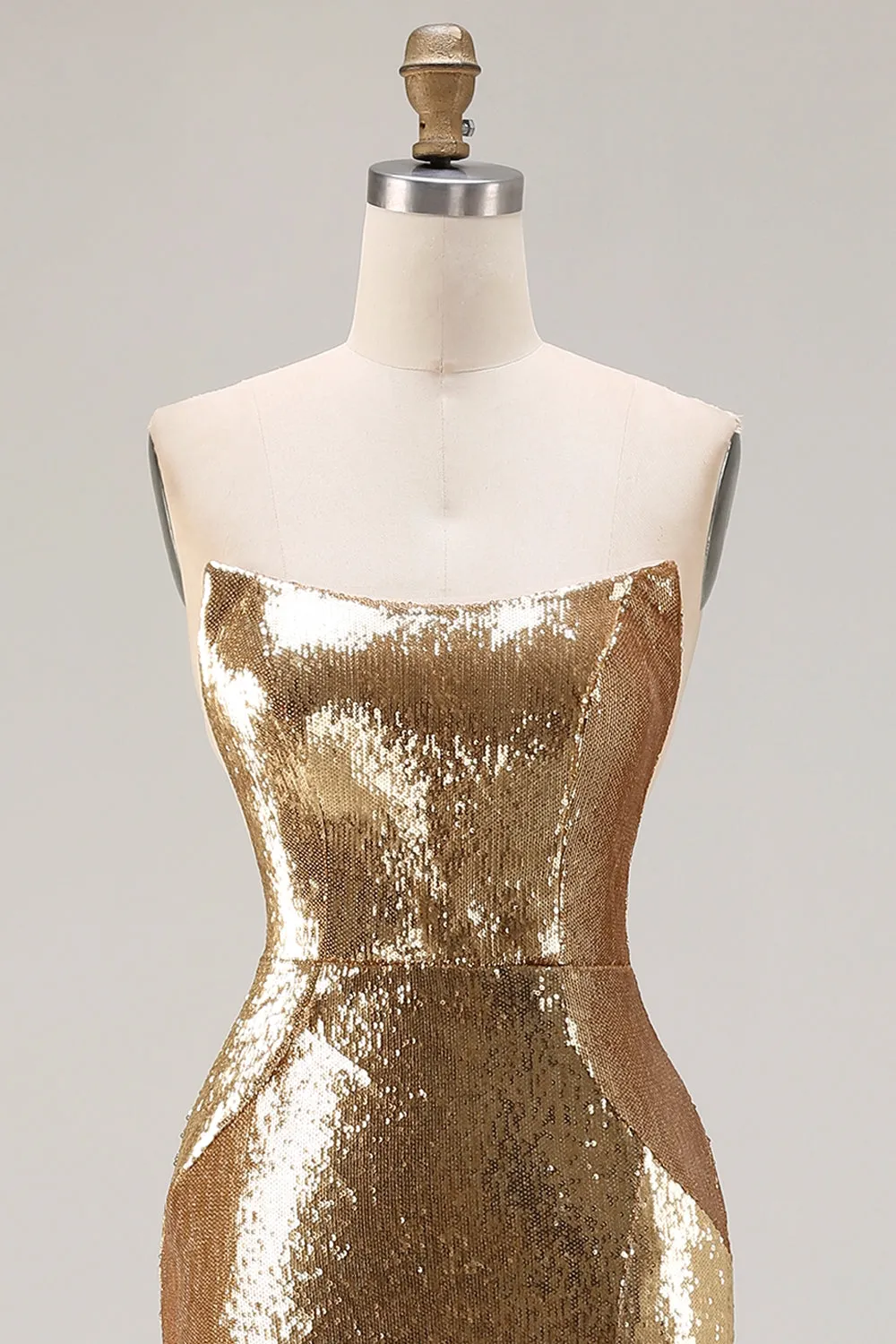 Sparkly Golden Strapless Mermaid Sequin Long Prom Dress with Slit sold by Zapaka product image thumbnail 4