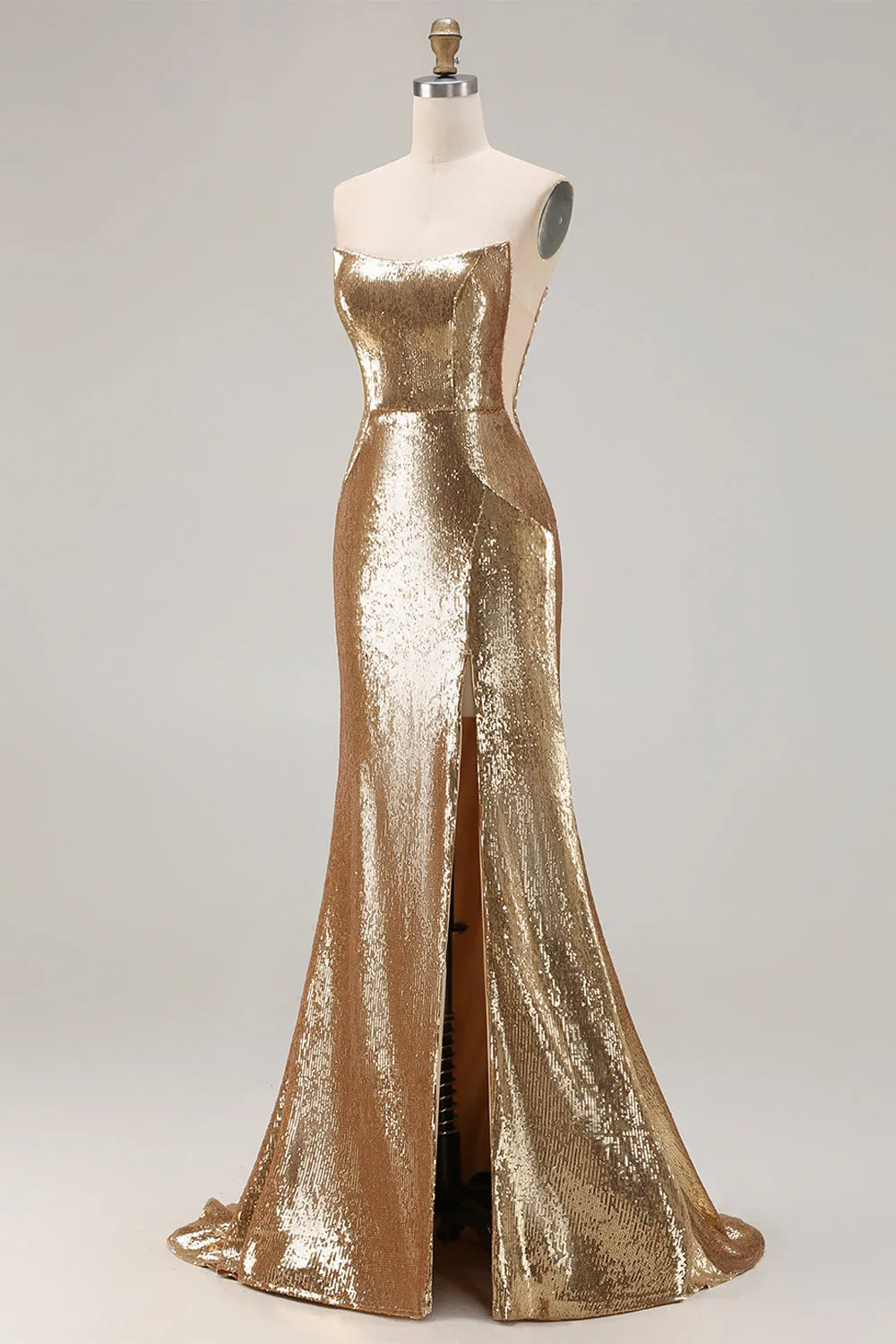 Sparkly Golden Strapless Mermaid Sequin Long Prom Dress with Slit sold by Zapaka product image thumbnail 3