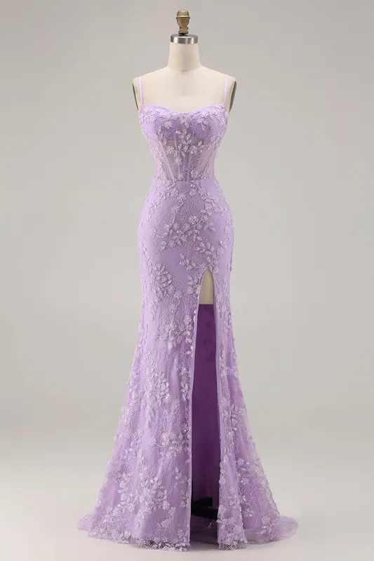 Purple Mermaid Sheer Corset Spaghetti Straps Lace Beaded Long Prom Dress with Slit sold by Zapaka