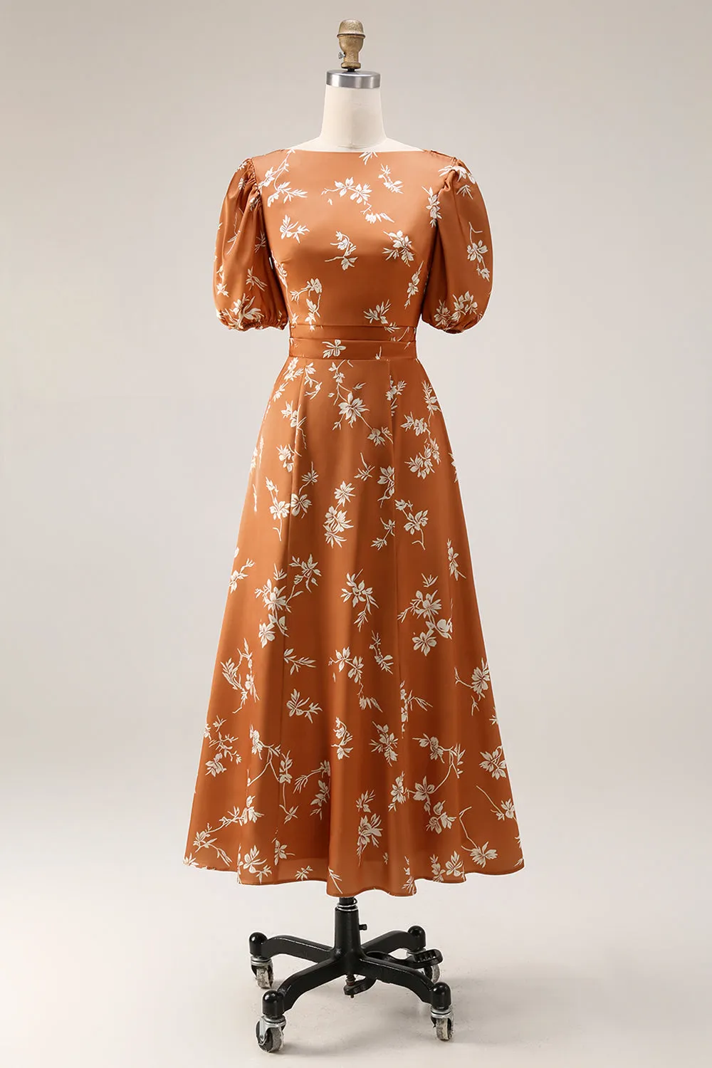 Orange Floral Printed A Line Midi Wedding Guest Dress with Sleeves sold by Zapaka