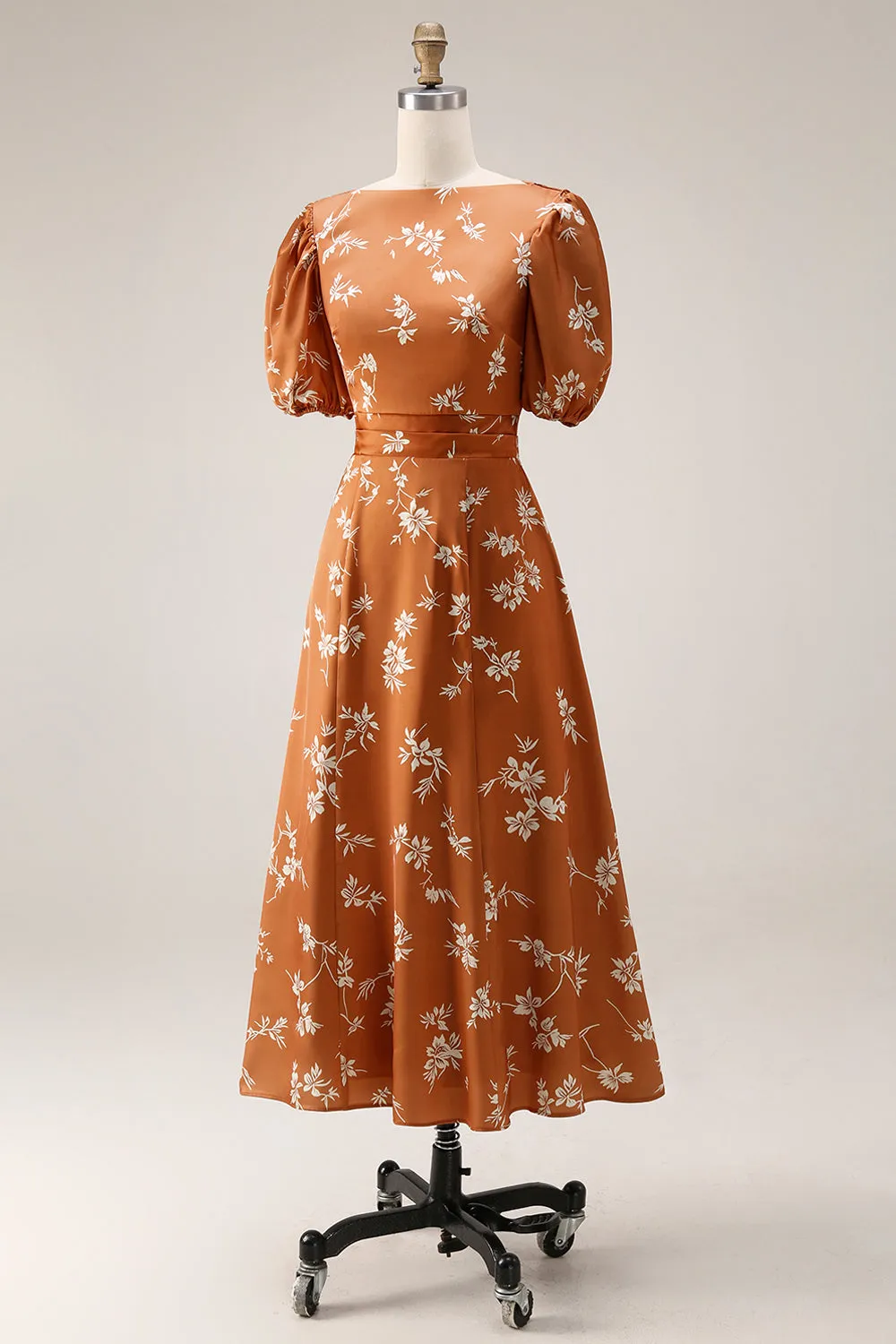 Orange Floral Printed A Line Midi Wedding Guest Dress with Sleeves sold by Zapaka product image thumbnail 3