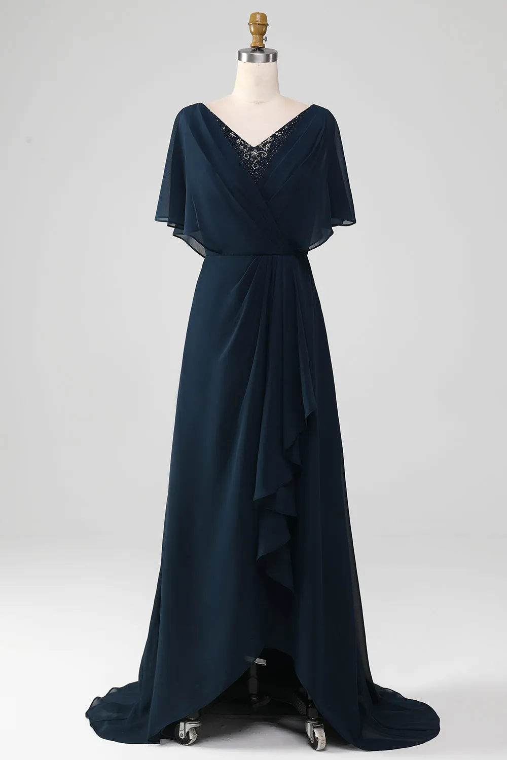 Navy A-Line V-Neck Long Chiffon Choir Dress with Beading sold by Zapaka product image thumbnail 3