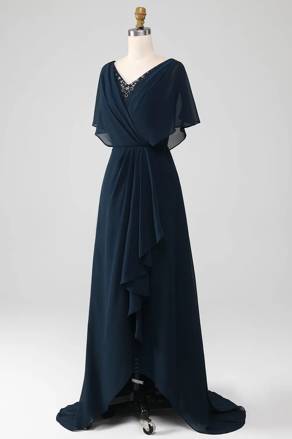 Navy A-Line V-Neck Long Chiffon Choir Dress with Beading sold by Zapaka product image thumbnail 4