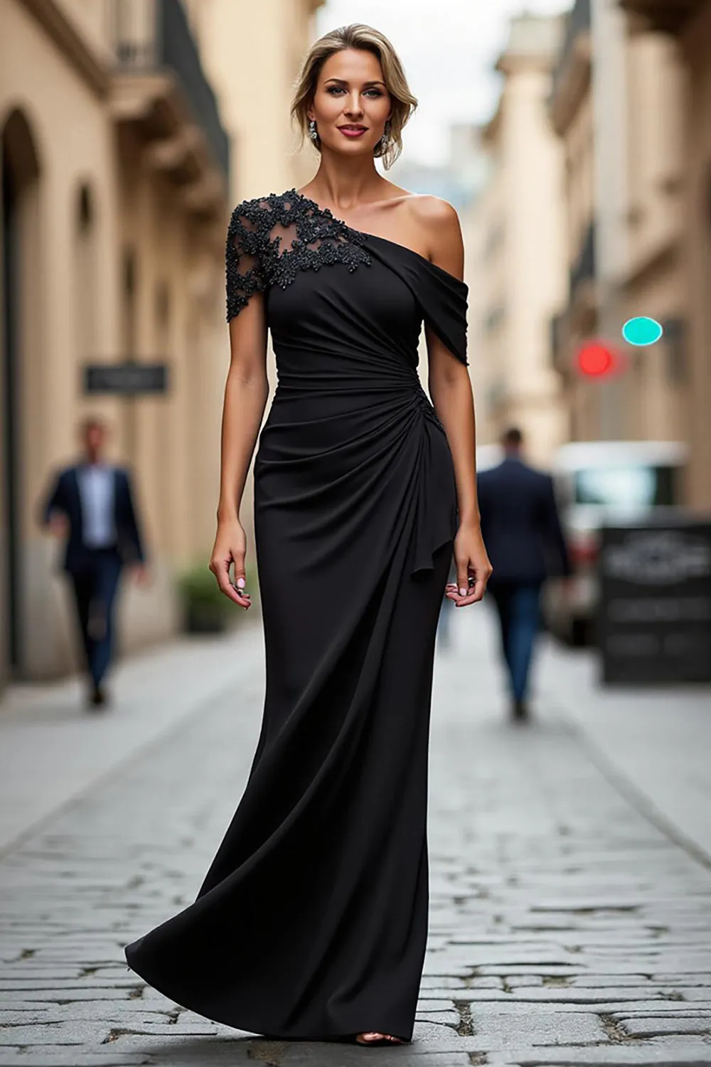 Black One Shoulder Mermaid Appliqued Long Choir Dress sold by Zapaka product image thumbnail 3