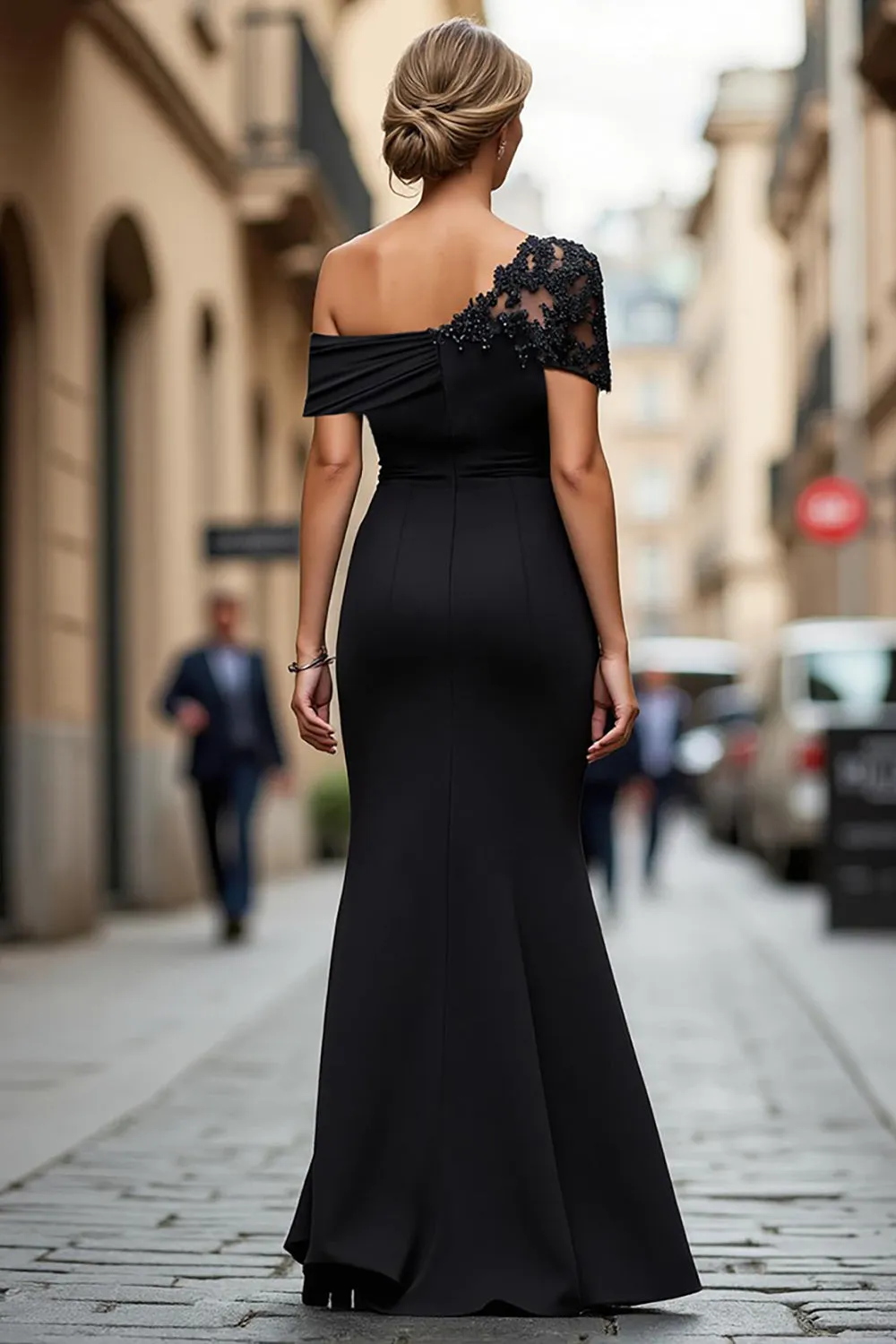 Black One Shoulder Mermaid Appliqued Long Choir Dress sold by Zapaka product image thumbnail 2