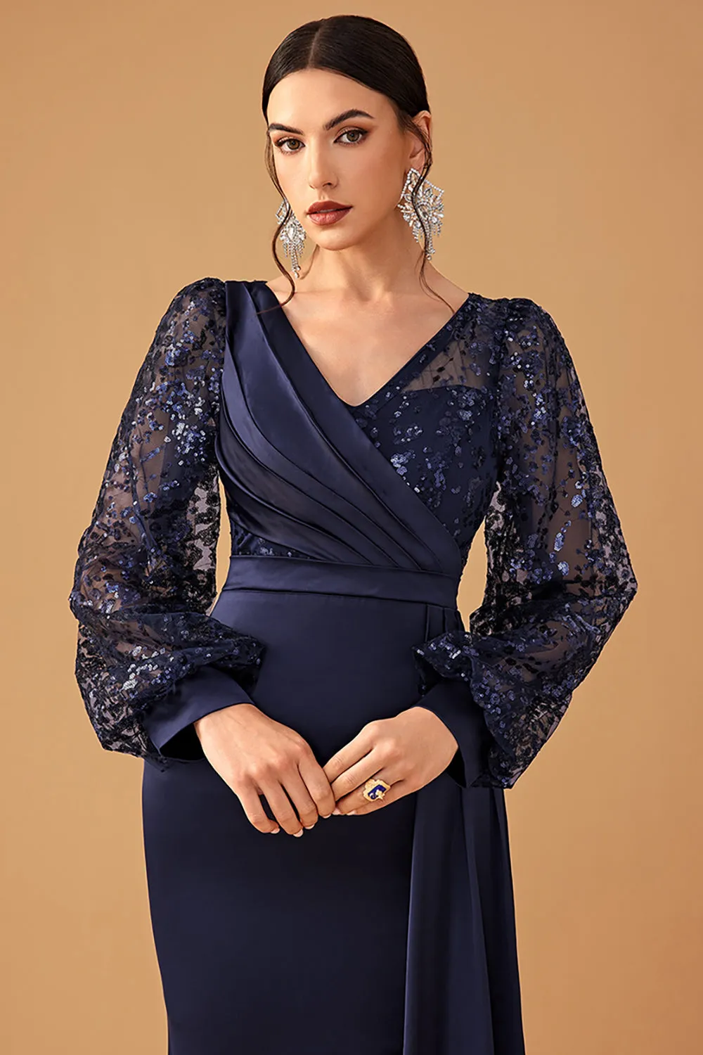 Navy Mermaid Sequins Long Sleeves Choir Dress with Side Cape sold by Zapaka product image thumbnail 5