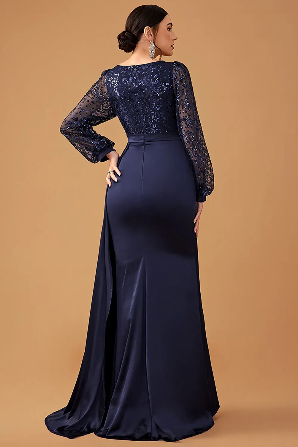 Navy Mermaid Sequins Long Sleeves Choir Dress with Side Cape sold by Zapaka product image thumbnail 2