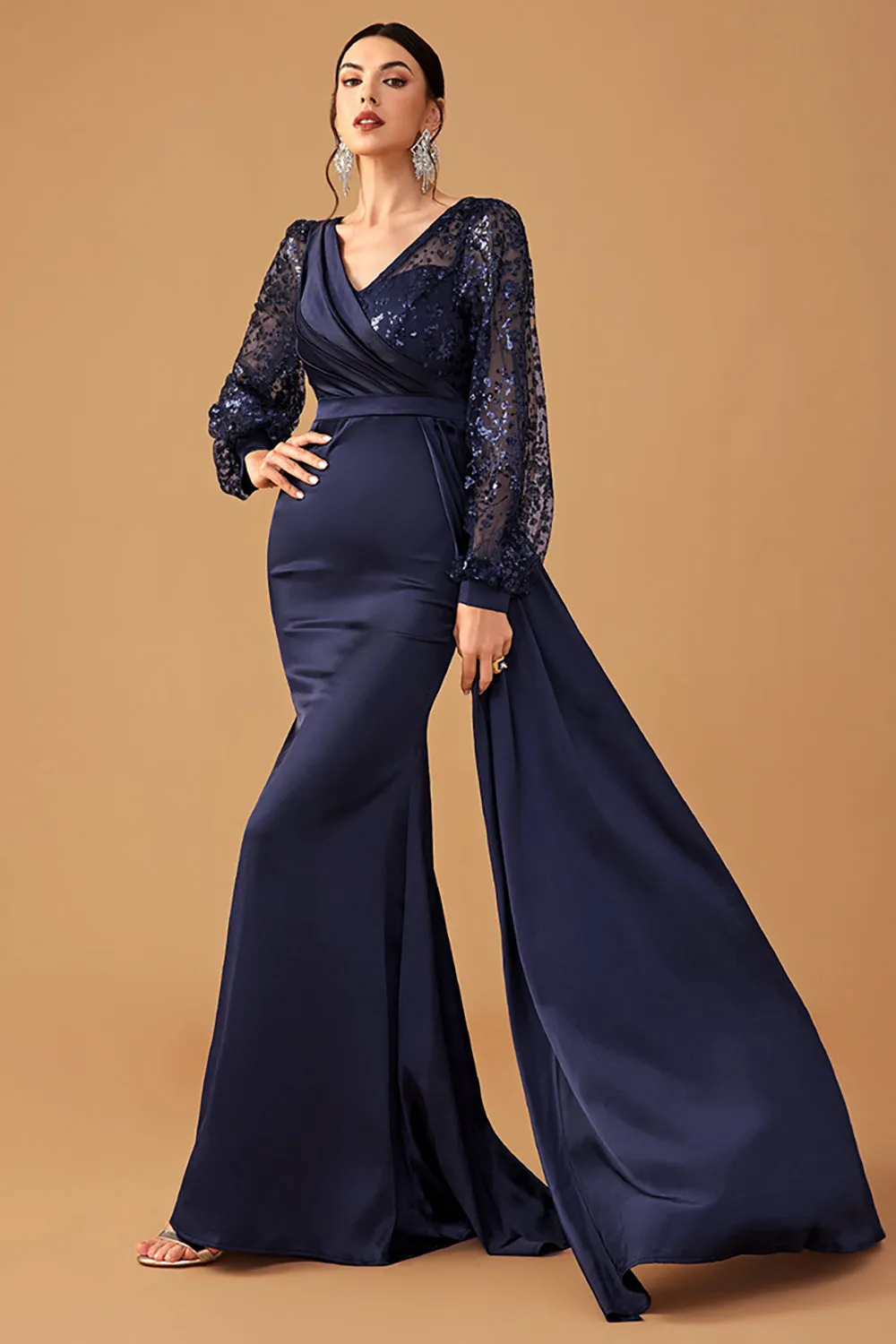 Navy Mermaid Sequins Long Sleeves Choir Dress with Side Cape sold by Zapaka product image thumbnail 4