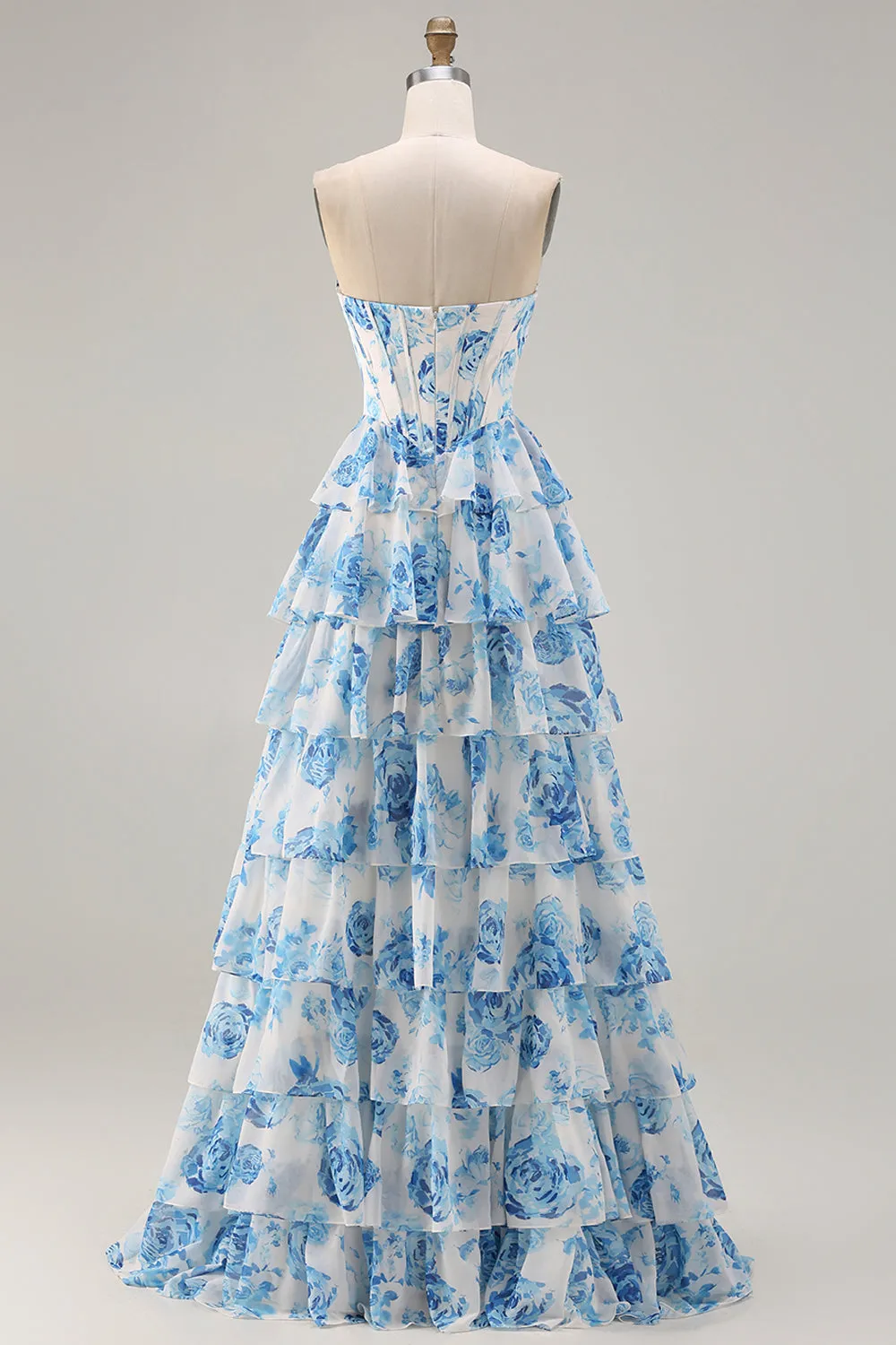 White Blue Floral Strapless A Line Corset Tiered Ruffle Long Prom Dress with Slit sold by Zapaka product image thumbnail 2