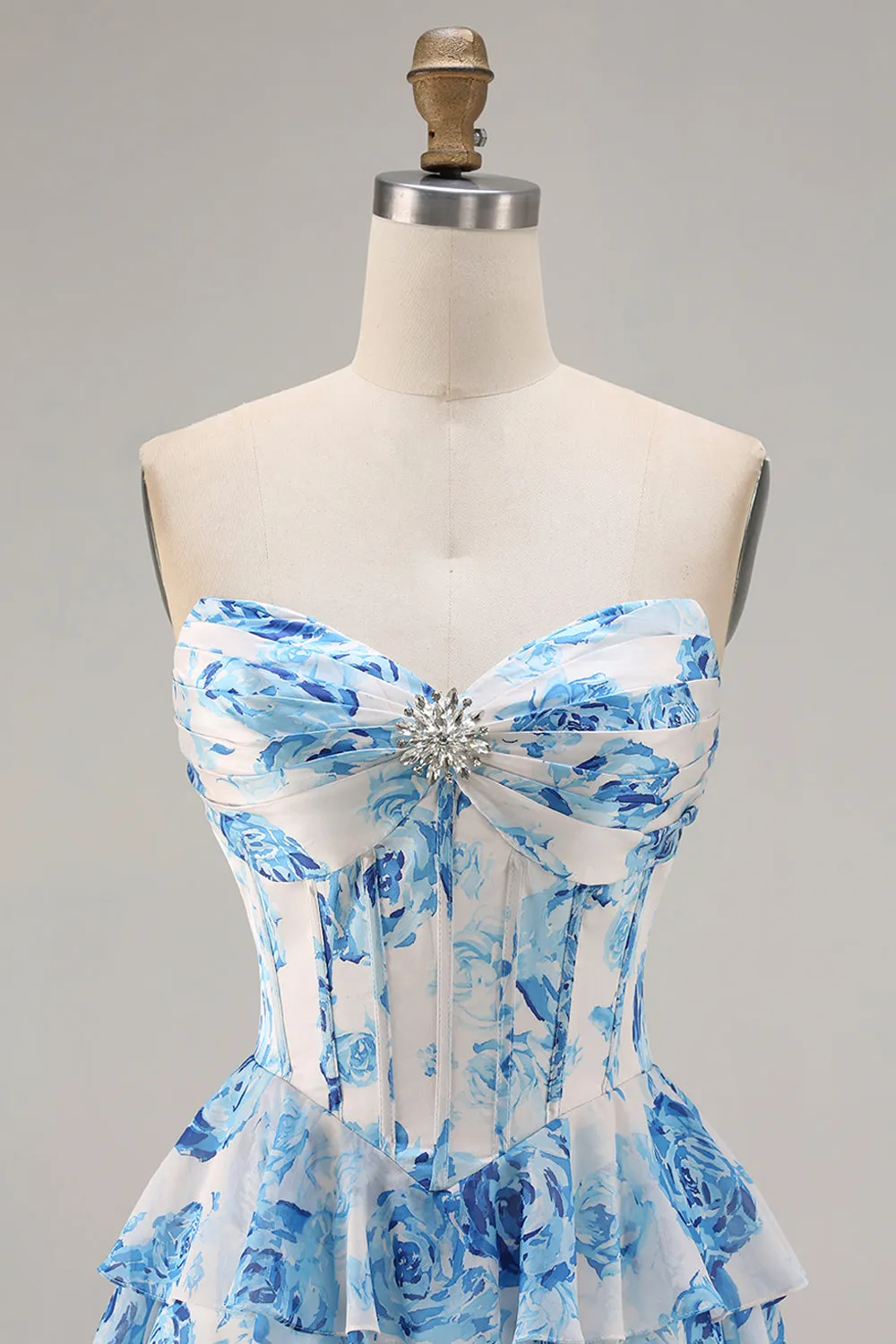 White Blue Floral Strapless A Line Corset Tiered Ruffle Long Prom Dress with Slit sold by Zapaka product image thumbnail 5