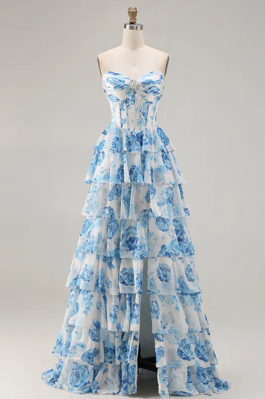 White Blue Floral Strapless A Line Corset Tiered Ruffle Long Prom Dress with Slit sold by Zapaka