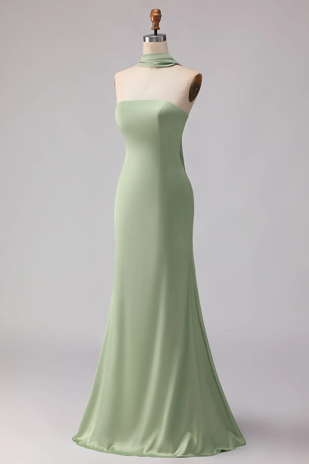 Strapless Dusty Sage Mermaid Satin Long Bridesmaid Dress with a Neck Scarf sold by Zapaka product image thumbnail 3
