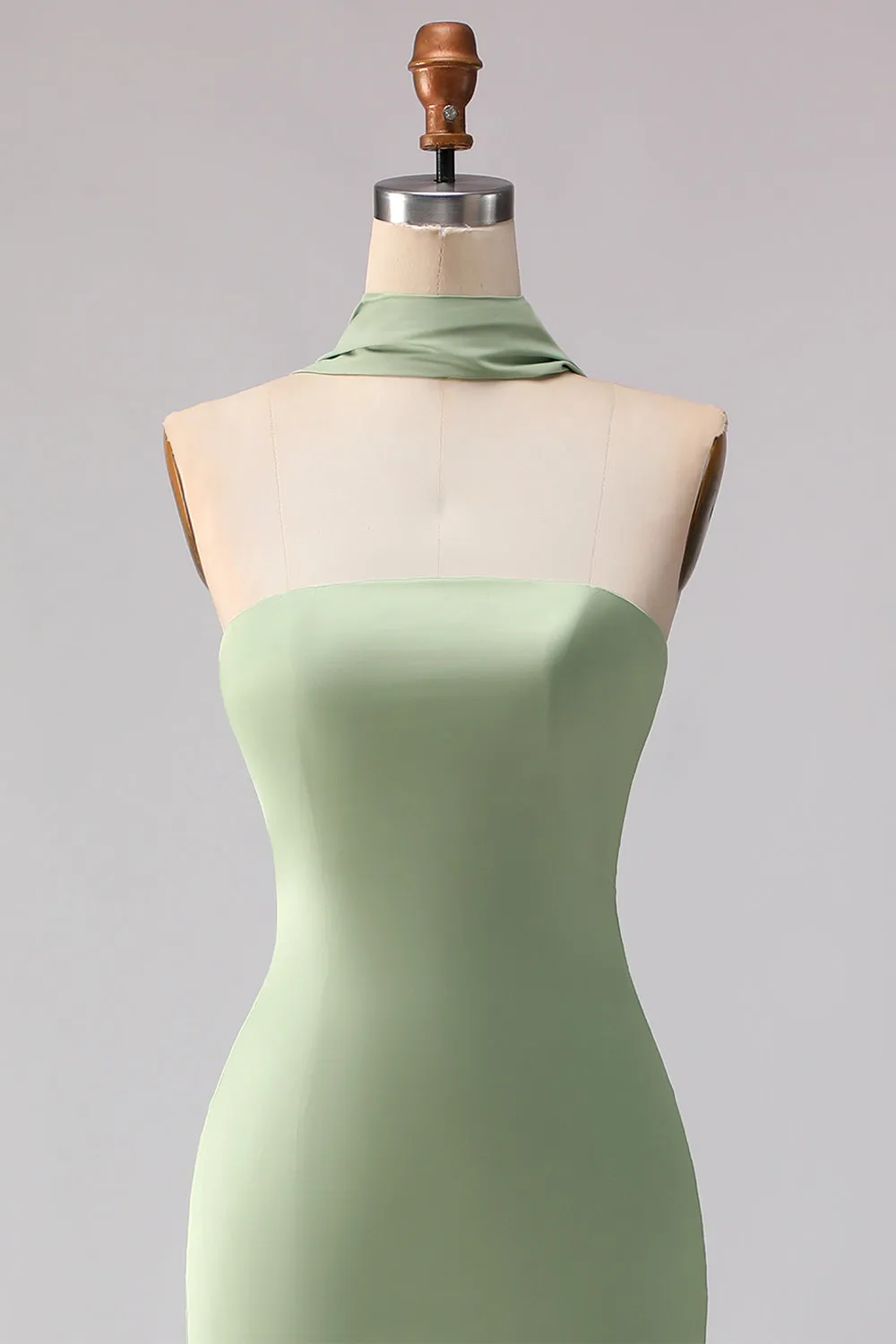 Strapless Dusty Sage Mermaid Satin Long Bridesmaid Dress with a Neck Scarf sold by Zapaka product image thumbnail 4