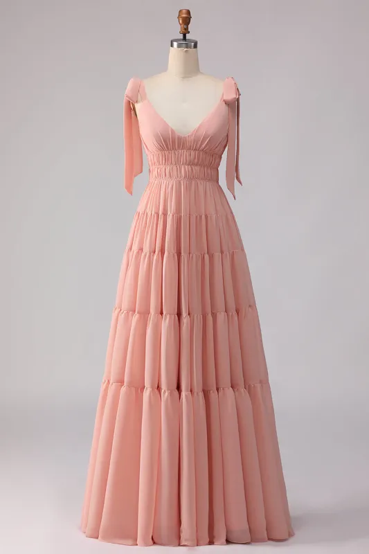 Blush A Line Bow Straps Ruched Open Back Chiffon Long Bridesmaid Dress made by Zapaka