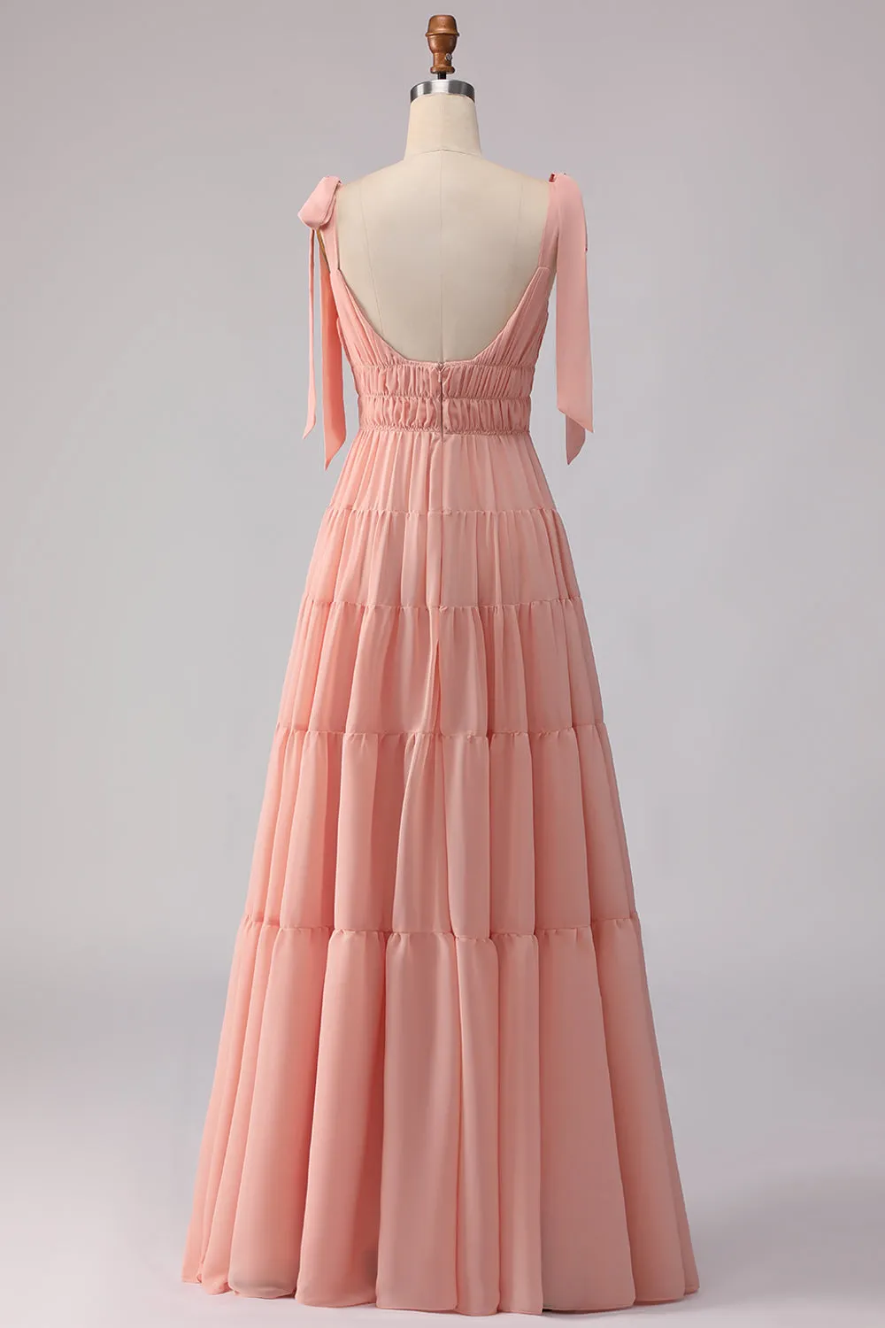 Blush A Line Bow Straps Ruched Open Back Chiffon Long Bridesmaid Dress sold by Zapaka product image thumbnail 2