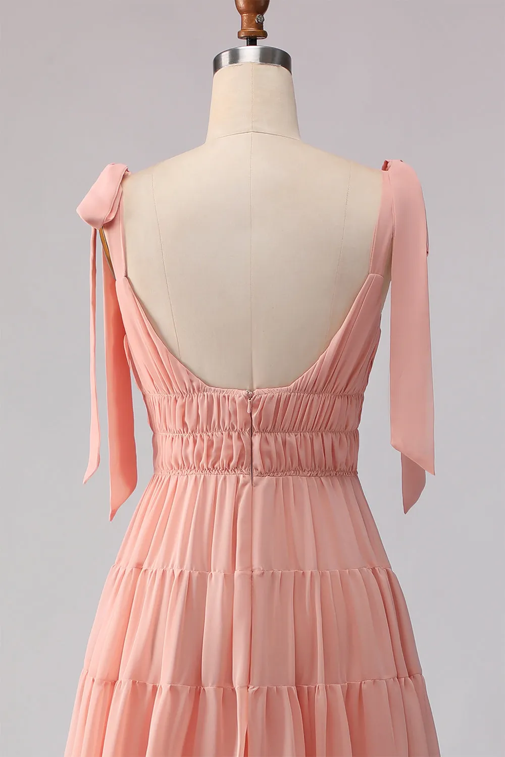 Blush A Line Bow Straps Ruched Open Back Chiffon Long Bridesmaid Dress sold by Zapaka product image thumbnail 5