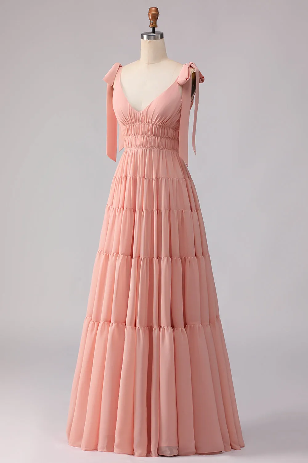 Blush A Line Bow Straps Ruched Open Back Chiffon Long Bridesmaid Dress sold by Zapaka product image thumbnail 3