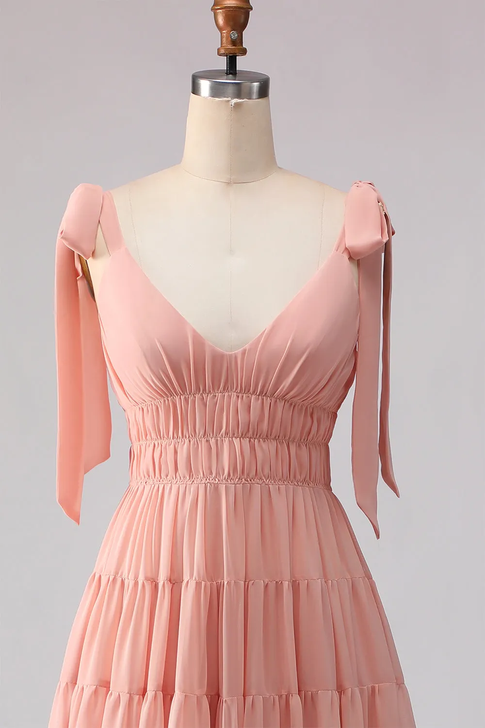 Blush A Line Bow Straps Ruched Open Back Chiffon Long Bridesmaid Dress sold by Zapaka product image thumbnail 4