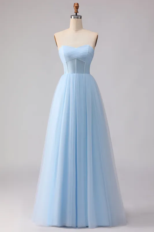 Blue Strapless Chiffon A Line Corset Long Bridesmaid Dress sold by Zapaka