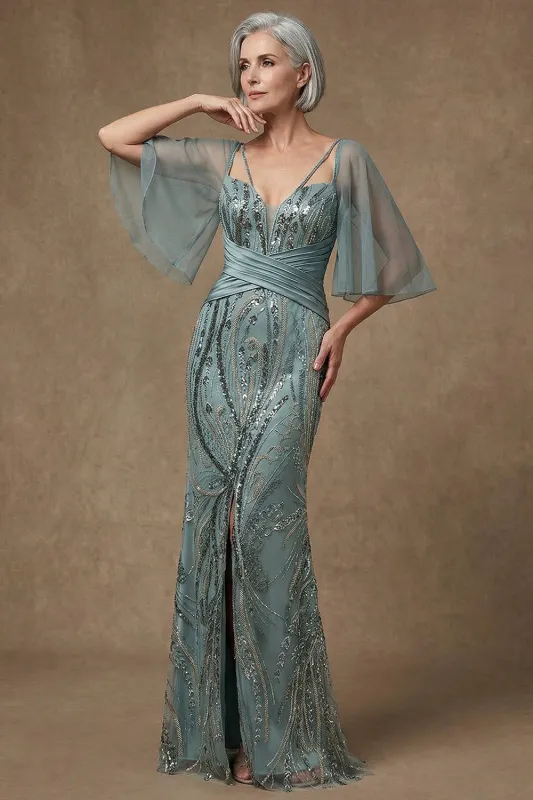 Sparkly Grey Green Mermaid Half Sleeves Sequins Mother of the Bride Dress with Slit sold by Zapaka
