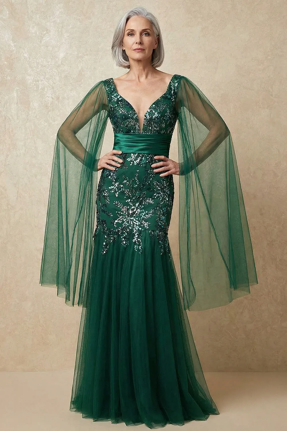 Sparkly Mermaid Dark Green Sequins Mother of the Bride Dress with Cape Sleeves sold by Zapaka