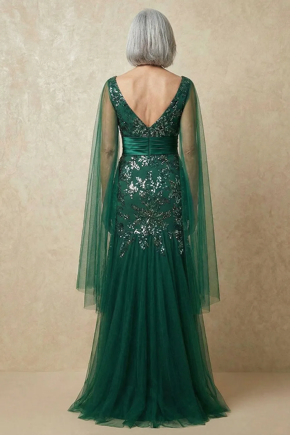 Sparkly Mermaid Dark Green Sequins Mother of the Bride Dress with Cape Sleeves sold by Zapaka product image thumbnail 3