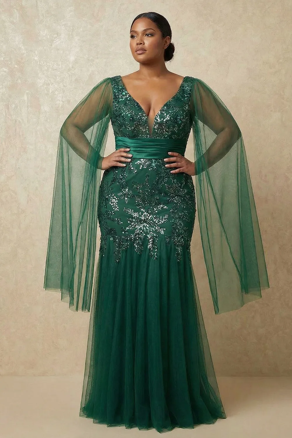 Sparkly Mermaid Dark Green Sequins Mother of the Bride Dress with Cape Sleeves sold by Zapaka product image thumbnail 2