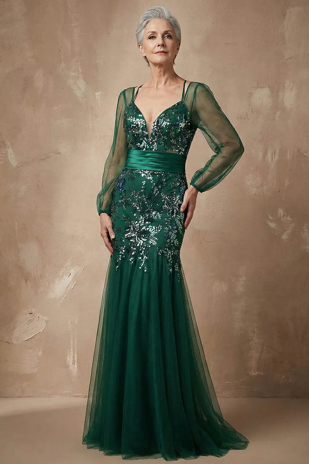 Dark Green Sequins Mermaid Long Sleeves Mother of the Bride Dress sold by Zapaka